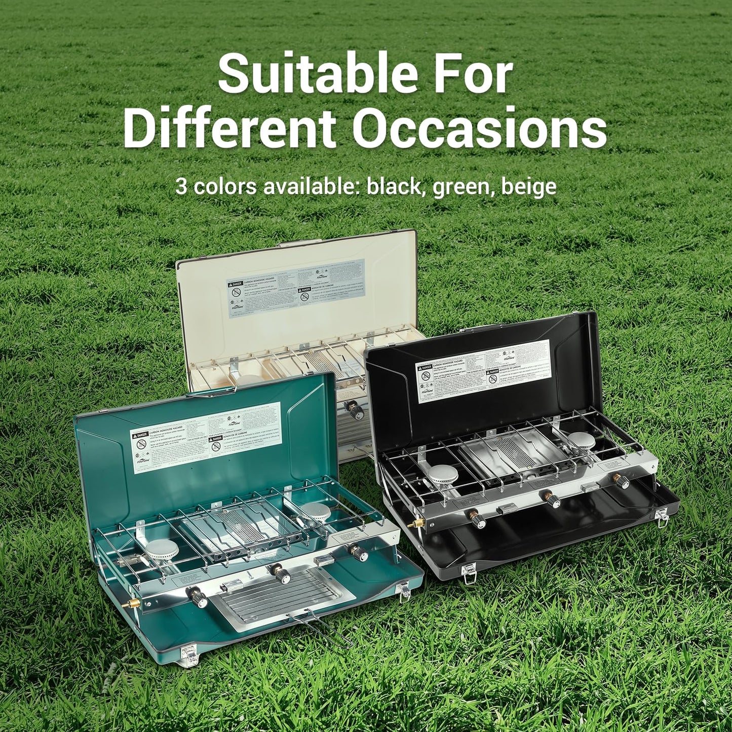 Camping Stove, 3 Burners Propane Portable Camp Stove with Regulator, Push-Button Instant Ignition, Adjustable Burners & Wind Guards for Car BBQ Picnics Outdoor Cooking (BEIGE-20400 BTUs)