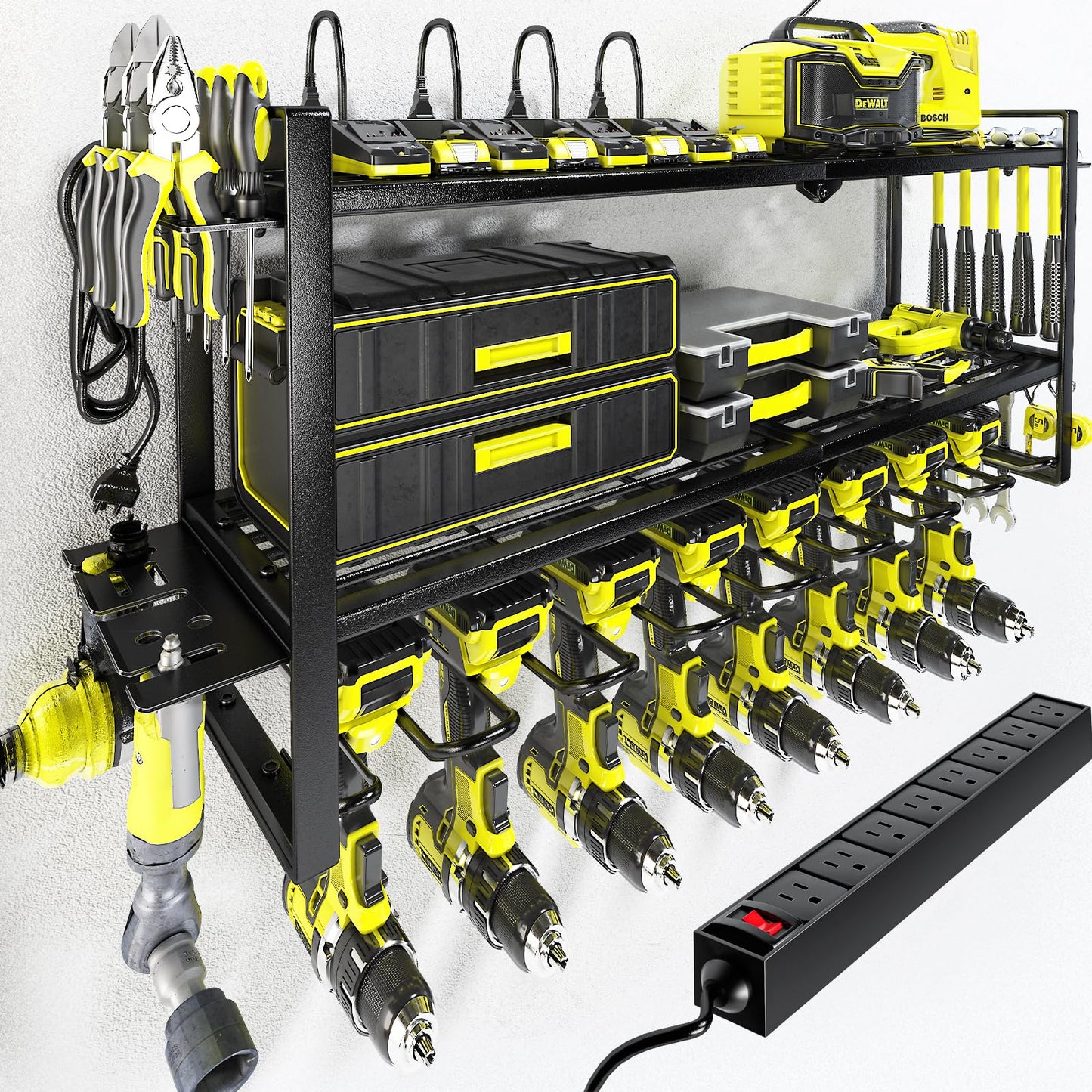 KAFAHOM Power Tool Organizer with Charging Station.Garage 8 Drill Holder Built in 8 Outlets Power Strip,Tool Storage Shelf Wall Mount,Tool Battery Organizer with Screwdriver/Hammer/Air Tool Rack