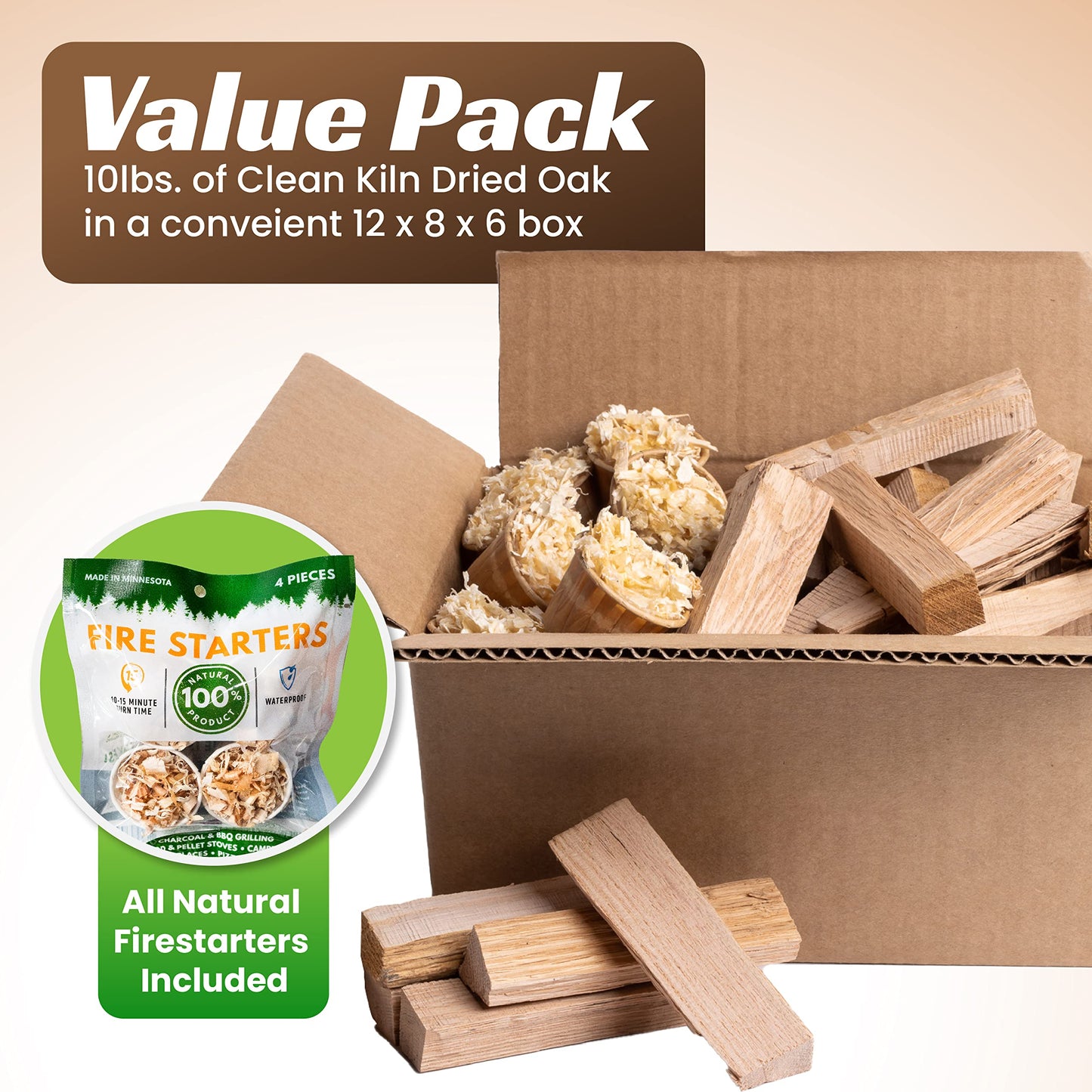 Superior Trading Oak Mini Fire Wood w/Fire Starter Pods, Winter Fireplace Starter, Wood Stove, USDA Cert 4-5” Kiln Dried Firewood, USA Made, 10-11 lbs in Plastic Storage Box