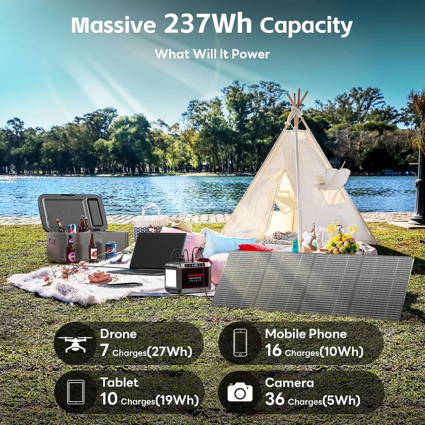 Portable Power Station 300W MARBERO 237Wh Camping Solar Generator Backup Lithium Battery with Pure Sine Wave 110V AC Outlet, USB C, USB A, DC for Outdoors Camping CPAP Home Blackout Emergency