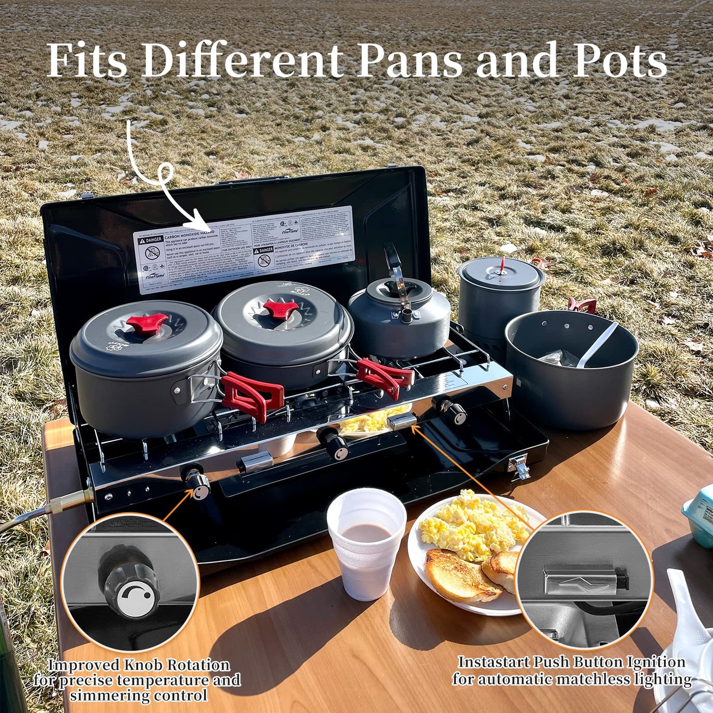 Camping Stove, 3 Burners Propane Portable Camp Stove with Regulator, Push-Button Instant Ignition, Adjustable Burners & Wind Guards for Car BBQ Picnics Outdoor Cooking (BEIGE-20400 BTUs)