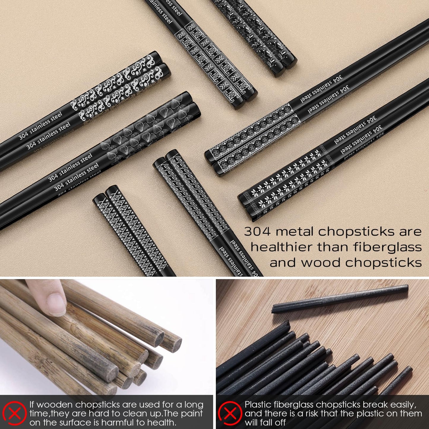 8 Pairs Metal Chopsticks Reusable Black Stainless Steel Chopsticks Set Laser Engraved Non-slip Japanese Korean Chinese Chopstick for Cooking Eating Dishwasher Safe 9.25" Chop Sticks Gift Set