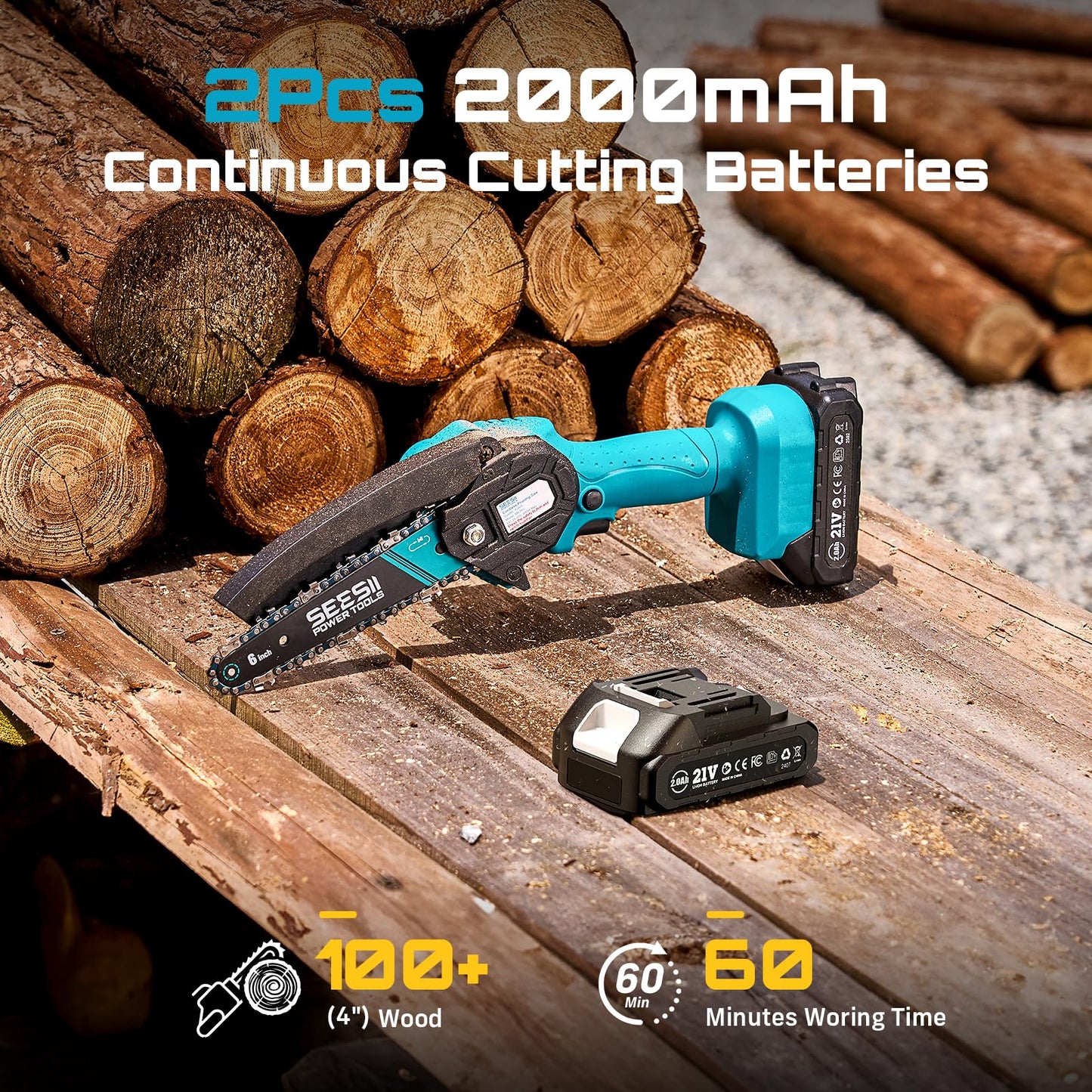 Seesii Mini Chainsaw, 6-inch Mini Chainsaw Cordless, Handheld Electric Power Chain Saw with 2 Batteries, for Tree Trimming Wood Cutting, Best Gifts for Father, Dad, Husband, Men