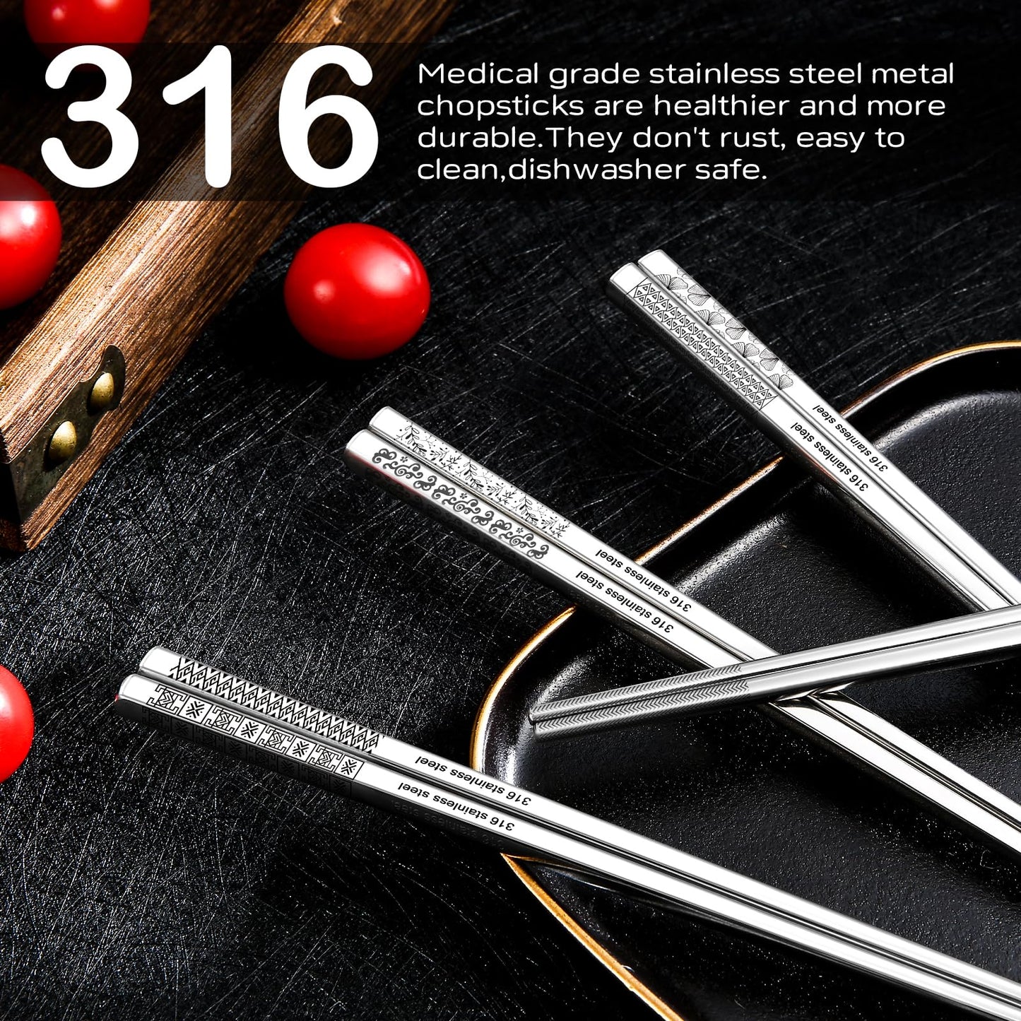 8 Pairs Metal Chopsticks Reusable Black Stainless Steel Chopsticks Set Laser Engraved Non-slip Japanese Korean Chinese Chopstick for Cooking Eating Dishwasher Safe 9.25" Chop Sticks Gift Set