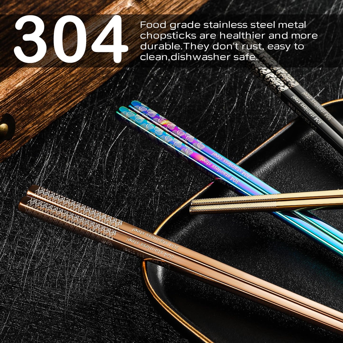 8 Pairs Metal Chopsticks Reusable Black Stainless Steel Chopsticks Set Laser Engraved Non-slip Japanese Korean Chinese Chopstick for Cooking Eating Dishwasher Safe 9.25" Chop Sticks Gift Set