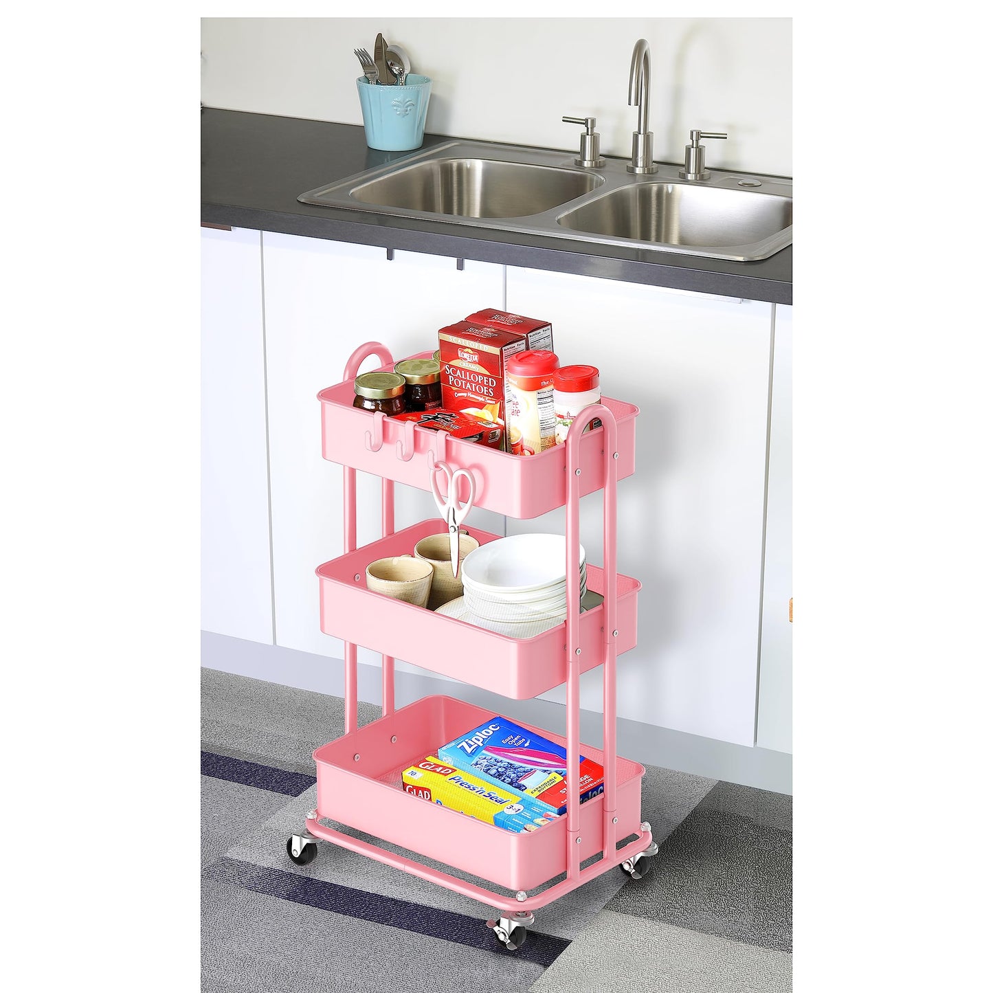 Simple Houseware 3-Tier Heavy Duty Metal Utility Rolling Cart, White