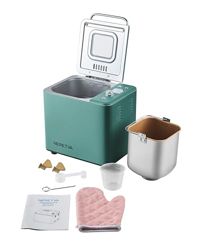Neretva 20-IN-1 Bread Maker, Dual Heater 2LB Bread Machine Stainless Steel Bread Maker Machine Nonstick Ceramic Pan Compact for Gluten Free/Sourdough/Whole Wheat Bread/Yogurt, Breadmaker Recipe-Green