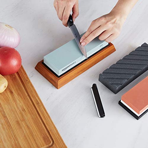 Amazon Basics Whetstone Knife Sharpening Wet Stone Dual Sided 400/1000 Grit with Non-Slip 1 Pc, Bamboo Base, Black & Grey