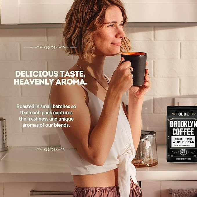 BROOKLYN COFFEE Whole Bean, Italian Dark Roast (5lb) Extra Strong, Delicious Taste, Heavenly Aroma - Fresh Bulk Coffee Beans Roasted Weekly in NYC