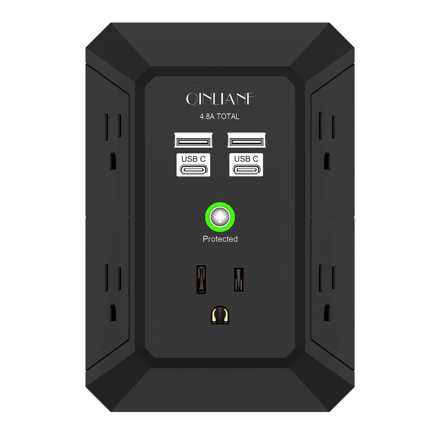 Wall Charger, Surge Protector, QINLIANF 5 Outlet Extender with 4 USB Charging Ports (4.8A Total) 3-Sided 1680J Power Strip Multi Plug Adapter Spaced for Home Travel Office (3U1C)