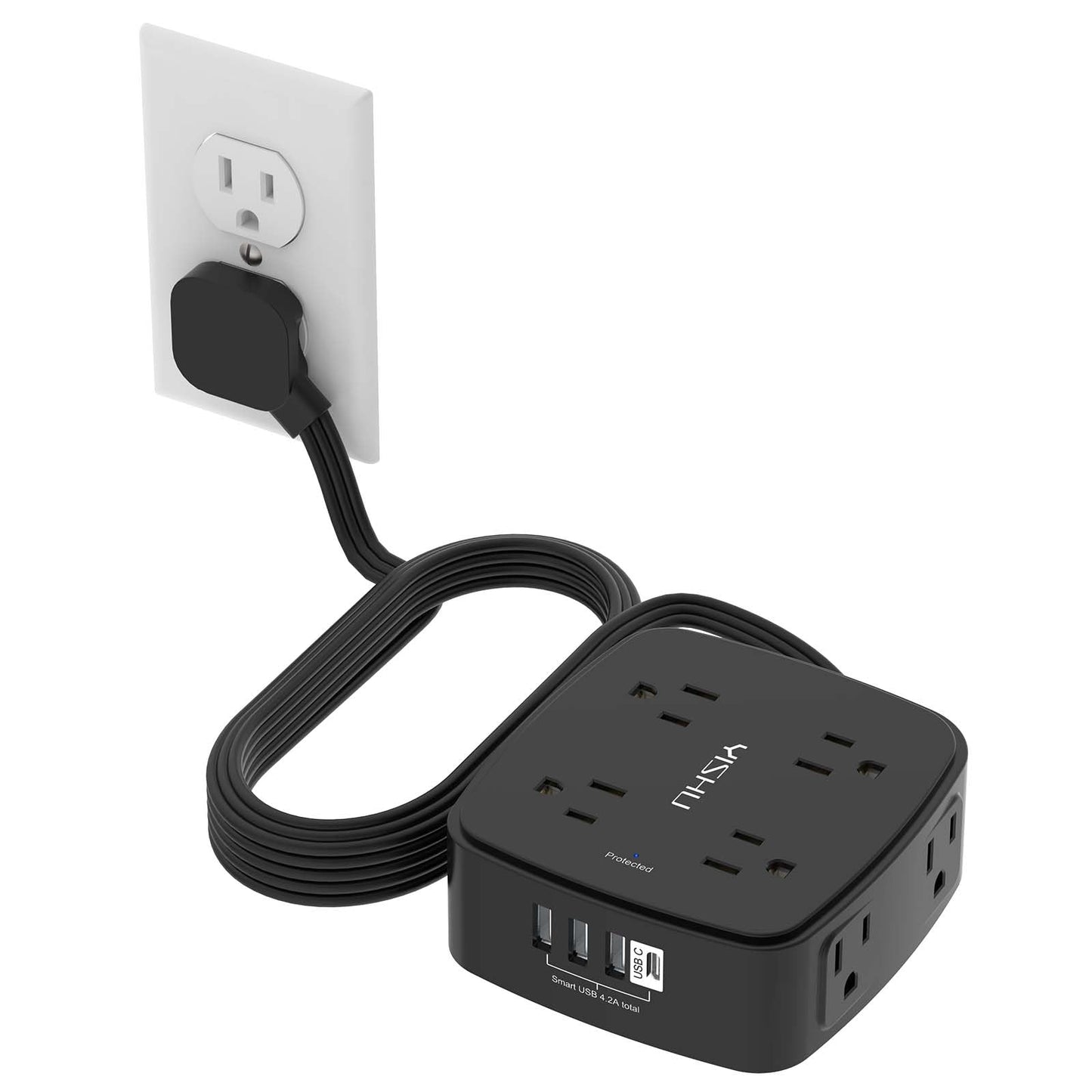 6 Ft Surge Protector Power Strip - 8 Widely Outlets with 4 USB Ports, 3 Side Outlet Extender with 6 Feet Extension Cord, Flat Plug, Wall Mount, Desk USB Charging Station, ETL,White