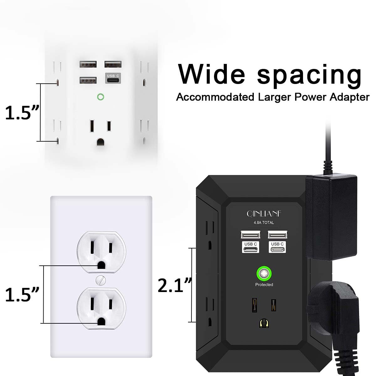 Wall Charger, Surge Protector, QINLIANF 5 Outlet Extender with 4 USB Charging Ports (4.8A Total) 3-Sided 1680J Power Strip Multi Plug Adapter Spaced for Home Travel Office (3U1C)