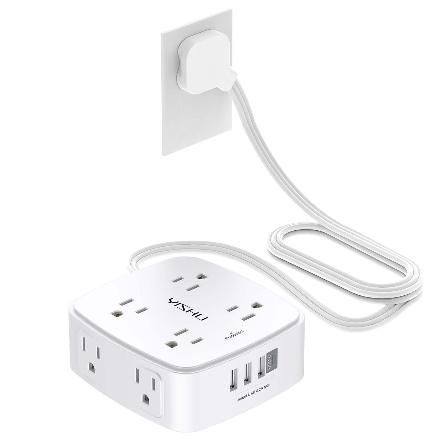 6 Ft Surge Protector Power Strip - 8 Widely Outlets with 4 USB Ports, 3 Side Outlet Extender with 6 Feet Extension Cord, Flat Plug, Wall Mount, Desk USB Charging Station, ETL,White