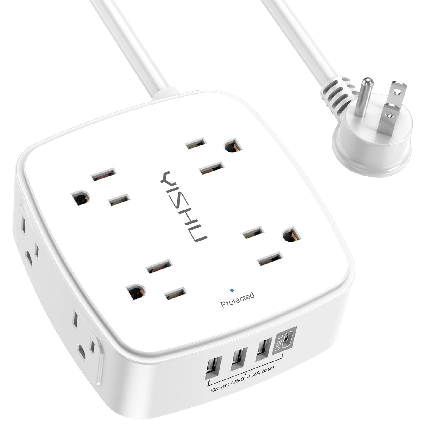 6 Ft Surge Protector Power Strip - 8 Widely Outlets with 4 USB Ports, 3 Side Outlet Extender with 6 Feet Extension Cord, Flat Plug, Wall Mount, Desk USB Charging Station, ETL,White