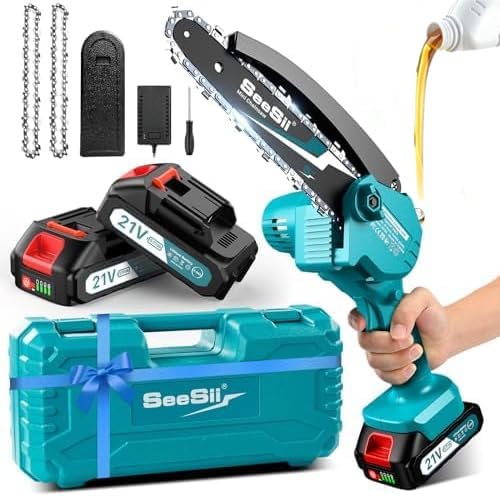 Seesii Mini Chainsaw, 6-inch Mini Chainsaw Cordless, Handheld Electric Power Chain Saw with 2 Batteries, for Tree Trimming Wood Cutting, Best Gifts for Father, Dad, Husband, Men