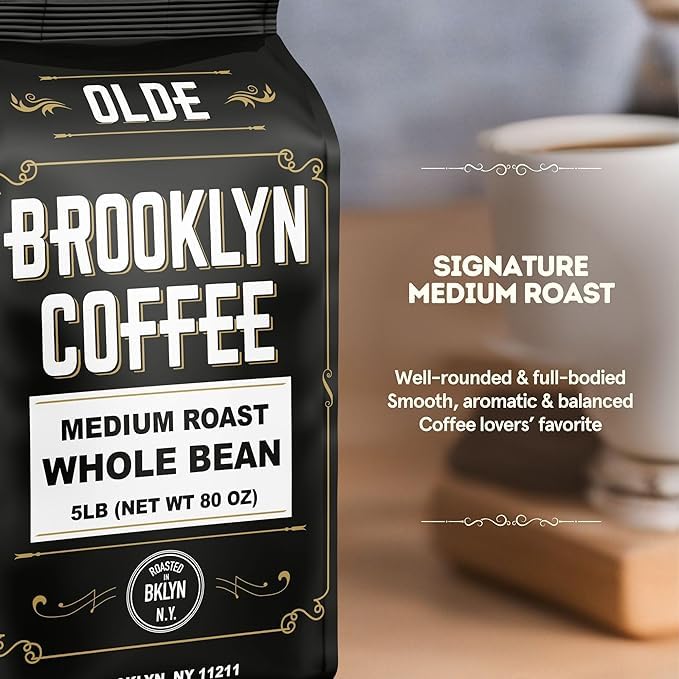 BROOKLYN COFFEE Whole Bean, Italian Dark Roast (5lb) Extra Strong, Delicious Taste, Heavenly Aroma - Fresh Bulk Coffee Beans Roasted Weekly in NYC