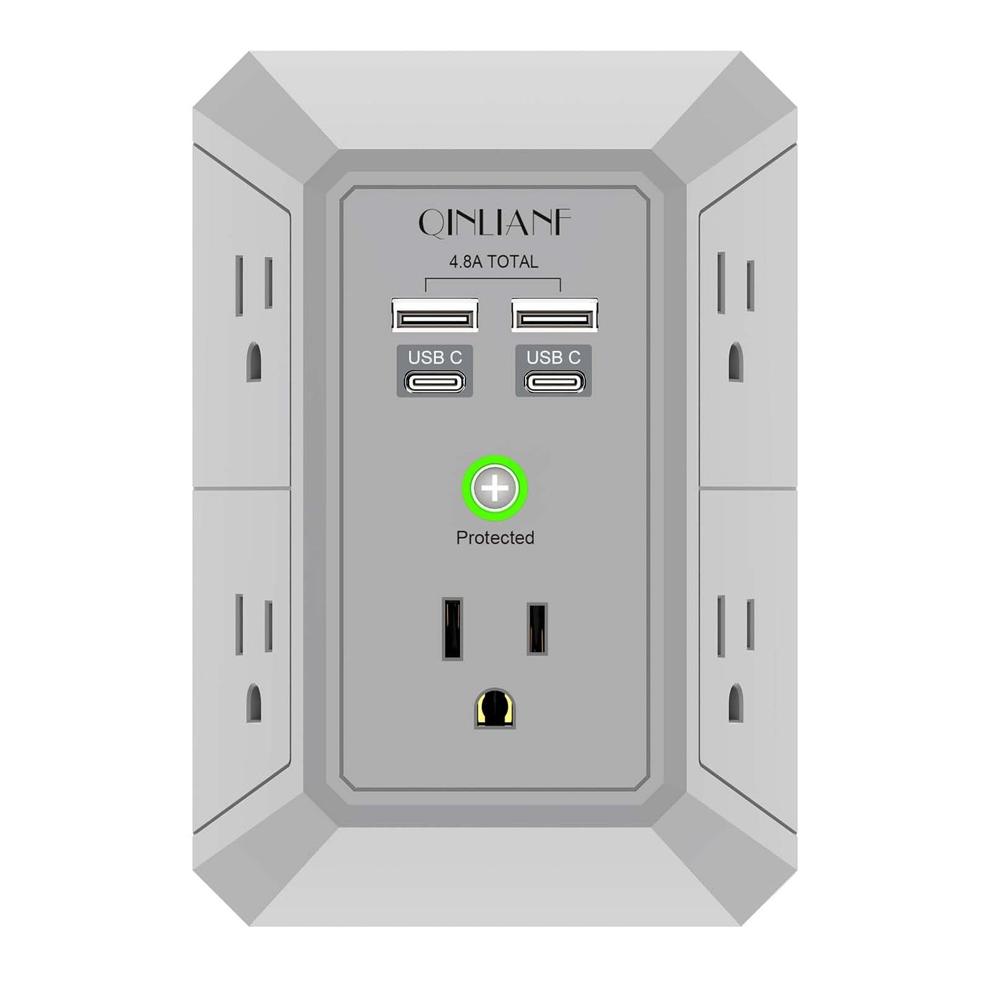 Wall Charger, Surge Protector, QINLIANF 5 Outlet Extender with 4 USB Charging Ports (4.8A Total) 3-Sided 1680J Power Strip Multi Plug Adapter Spaced for Home Travel Office (3U1C)