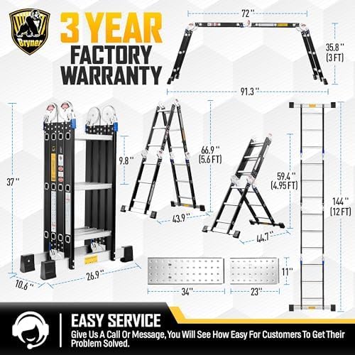 Bryner 7-in-1 Multi-Purpose Aluminium Extension Ladder, 12Ft Folding Adjustable Telescoping Step Ladder, Heavy Duty, 330lbs Load Capacity, Black Rubber Feet