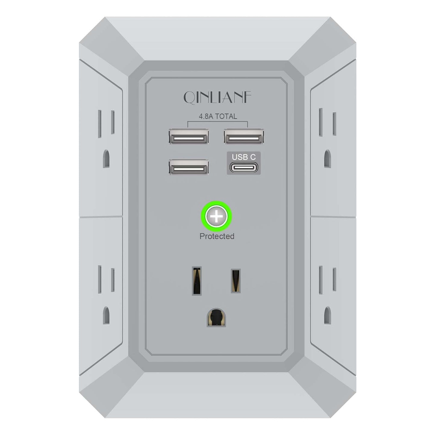 Wall Charger, Surge Protector, QINLIANF 5 Outlet Extender with 4 USB Charging Ports (4.8A Total) 3-Sided 1680J Power Strip Multi Plug Adapter Spaced for Home Travel Office (3U1C)