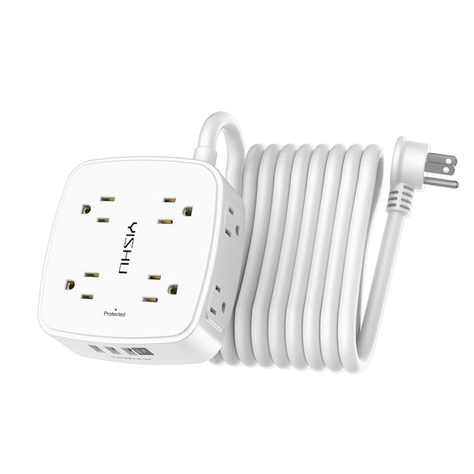 6 Ft Surge Protector Power Strip - 8 Widely Outlets with 4 USB Ports, 3 Side Outlet Extender with 6 Feet Extension Cord, Flat Plug, Wall Mount, Desk USB Charging Station, ETL,White
