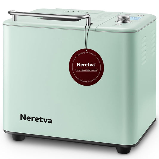 Neretva 20-IN-1 Bread Maker, Dual Heater 2LB Bread Machine Stainless Steel Bread Maker Machine Nonstick Ceramic Pan Compact for Gluten Free/Sourdough/Whole Wheat Bread/Yogurt, Breadmaker Recipe-Green