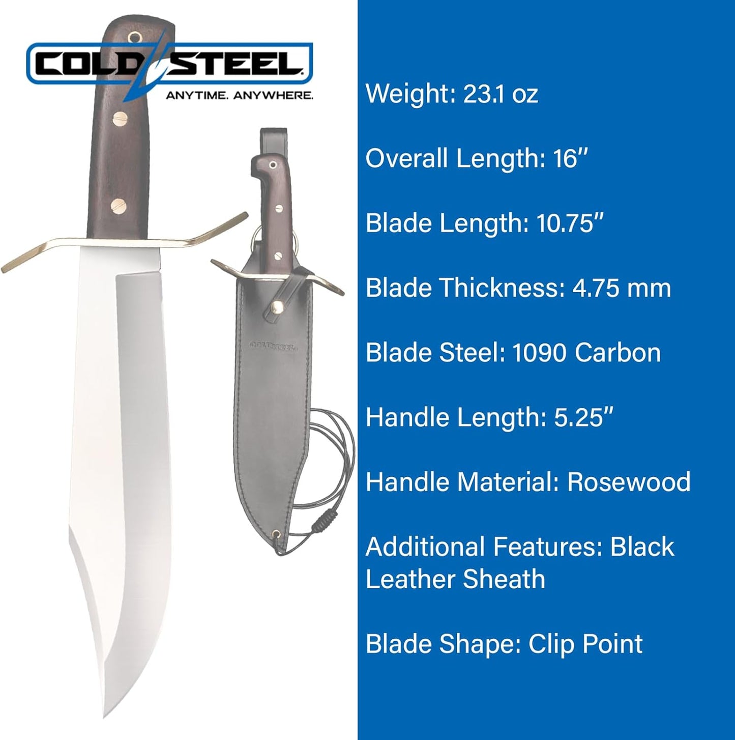 Ameristep Wild West Bowie 10.75" 1090 High-Carbon Steel Clip Point Blade 5.25" Rosewood Handle Fixed Blade Knife w/Leather Sheath