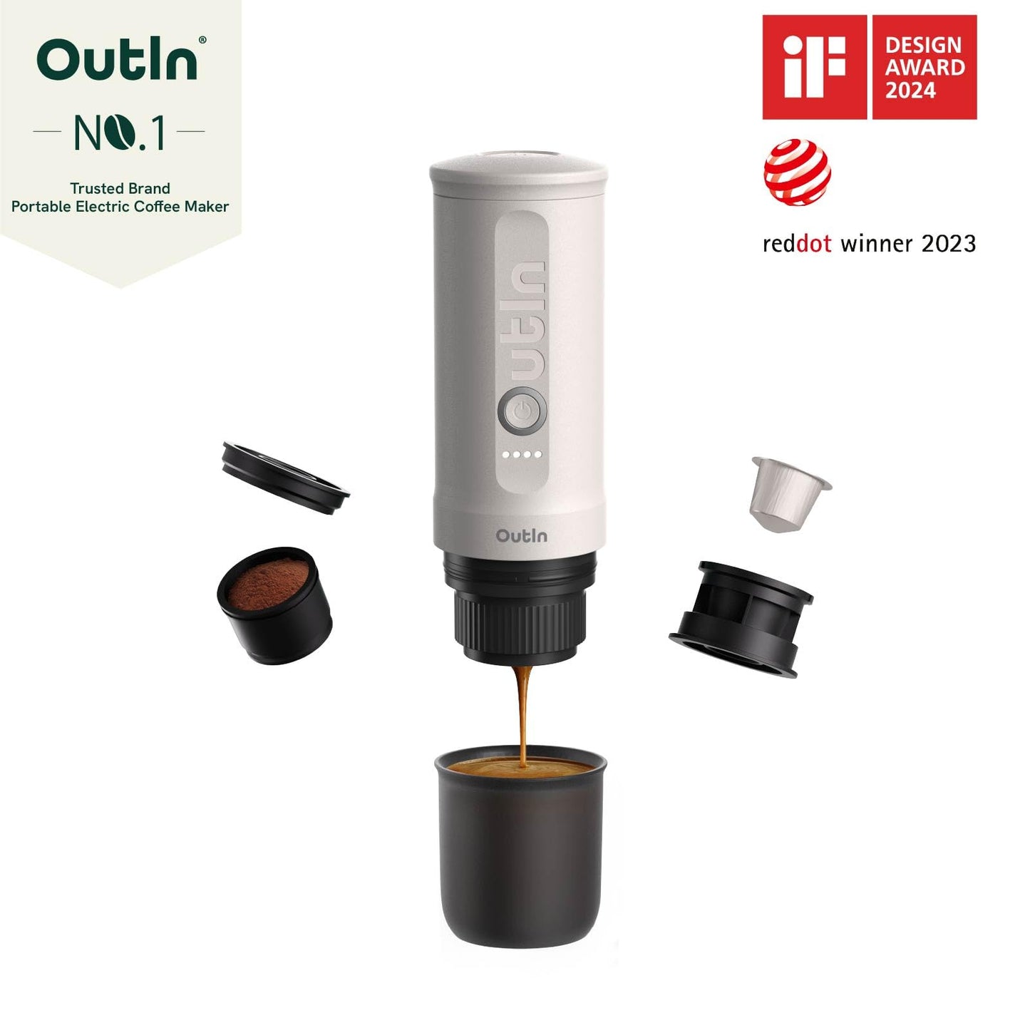 OutIn Nano Portable Electric Espresso Machine, Travel Coffee Maker for Camping, Car Coffee Maker Self-Heating with USB-C, With Ground Coffee & NS Capsule for RV, Hiking, Office