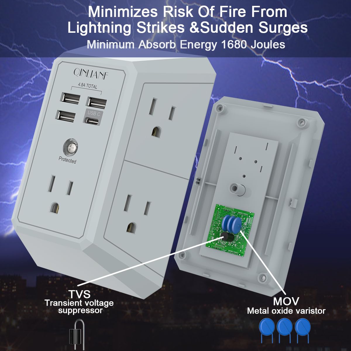 Wall Charger, Surge Protector, QINLIANF 5 Outlet Extender with 4 USB Charging Ports (4.8A Total) 3-Sided 1680J Power Strip Multi Plug Adapter Spaced for Home Travel Office (3U1C)