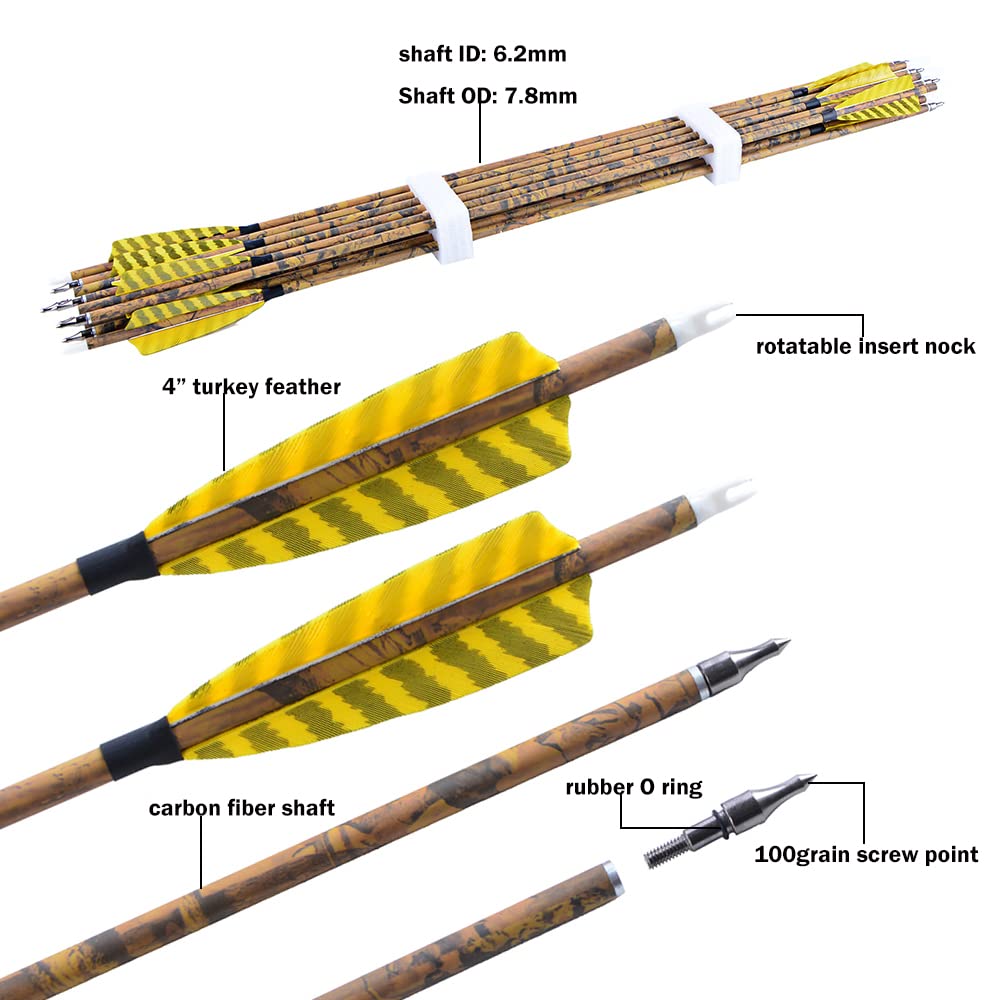 ZSHJGJR 30” Archery Carbon Arrows Hunting Arrows with 4” Turkey Feather Removable Tips Targeting Practice Arrows 500 Spine for Compound & Recurve & Traditional Bow 6/12pcs