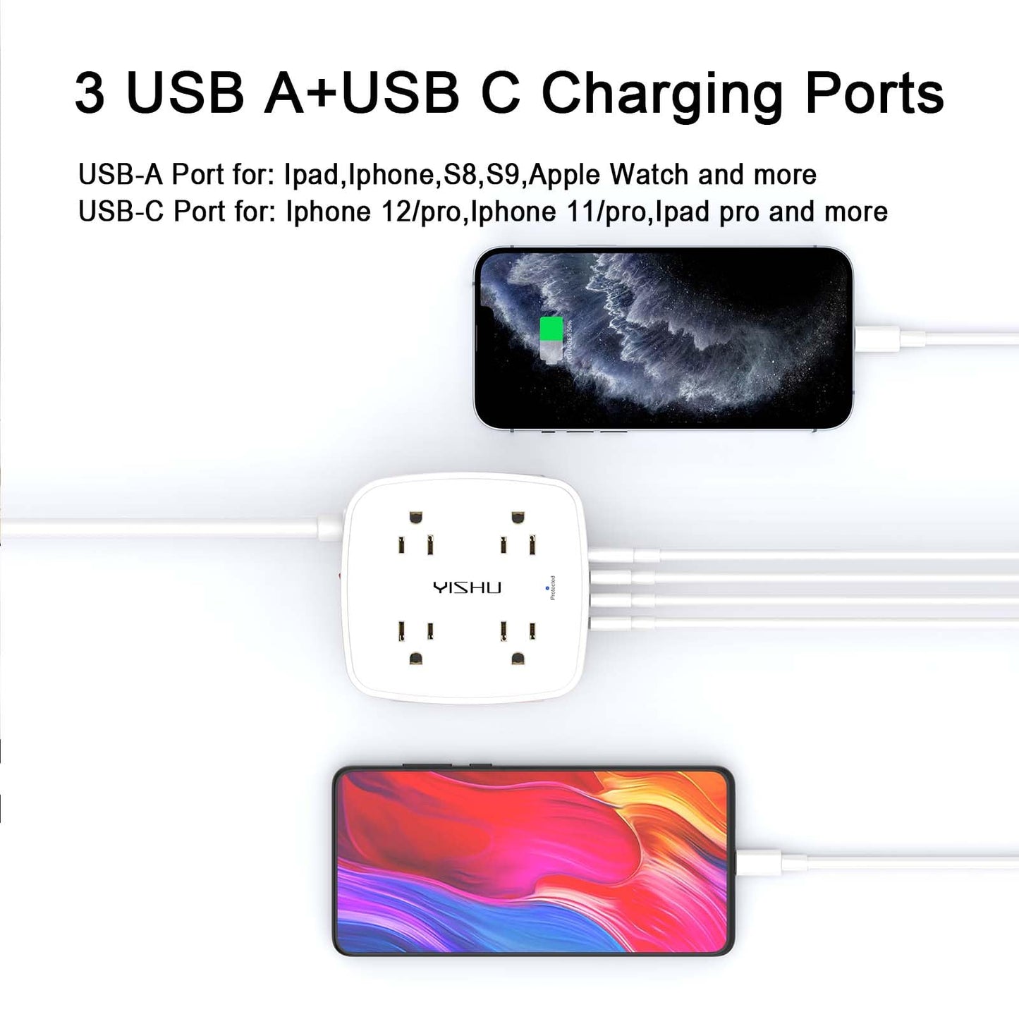 6 Ft Surge Protector Power Strip - 8 Widely Outlets with 4 USB Ports, 3 Side Outlet Extender with 6 Feet Extension Cord, Flat Plug, Wall Mount, Desk USB Charging Station, ETL,White