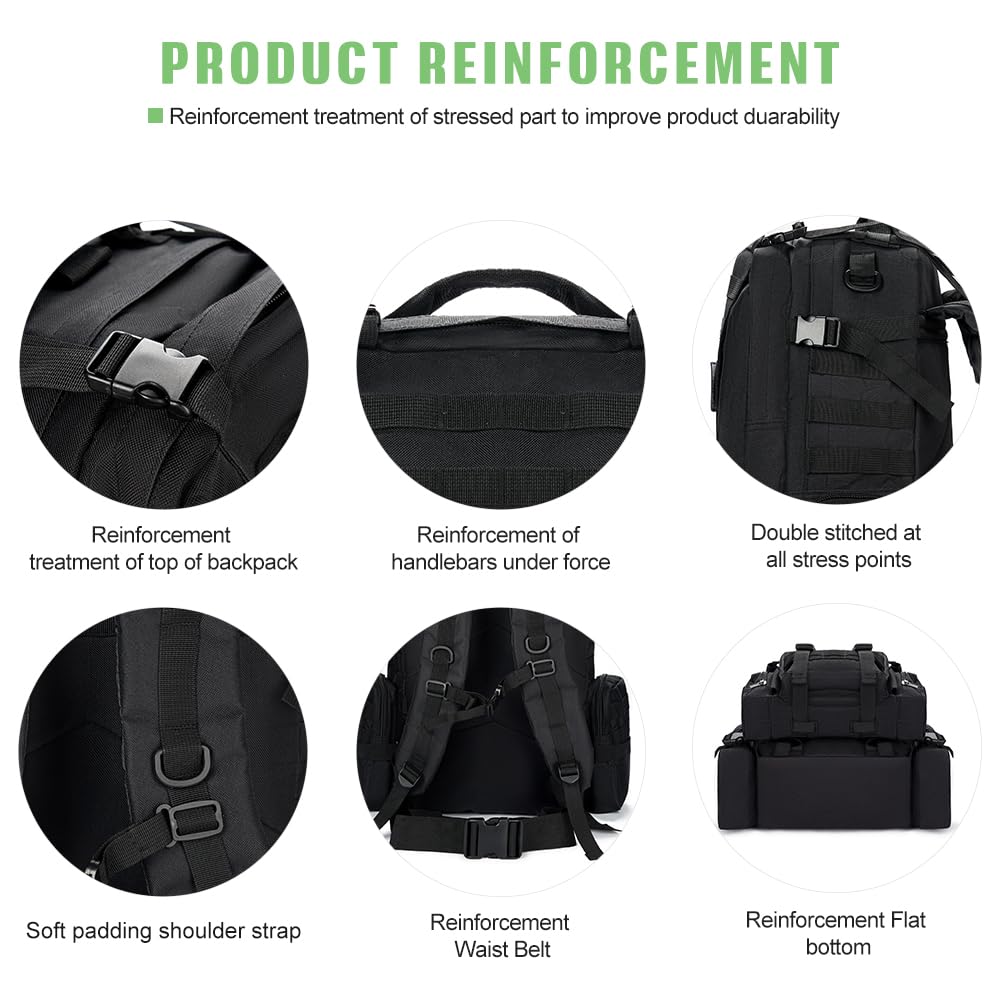 Large Military Tactical Backpack for Men, 40-50L Backpacks for Women, Bug out Bag Army 3 Days Assault Pack Bags Rucksack with Molle System Black Camouflage-2