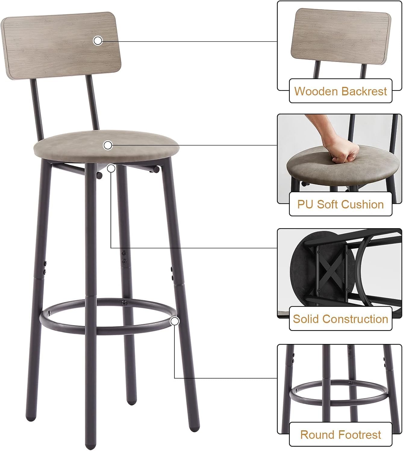 3-Piece Dining Table Set for 2, Small Round Kitchen Table with 2 Chairs, Counter Height Bar Table with Storage, Pub Table and PU Upholstery Stools for Small Space, Apartment, Bistro-Brown