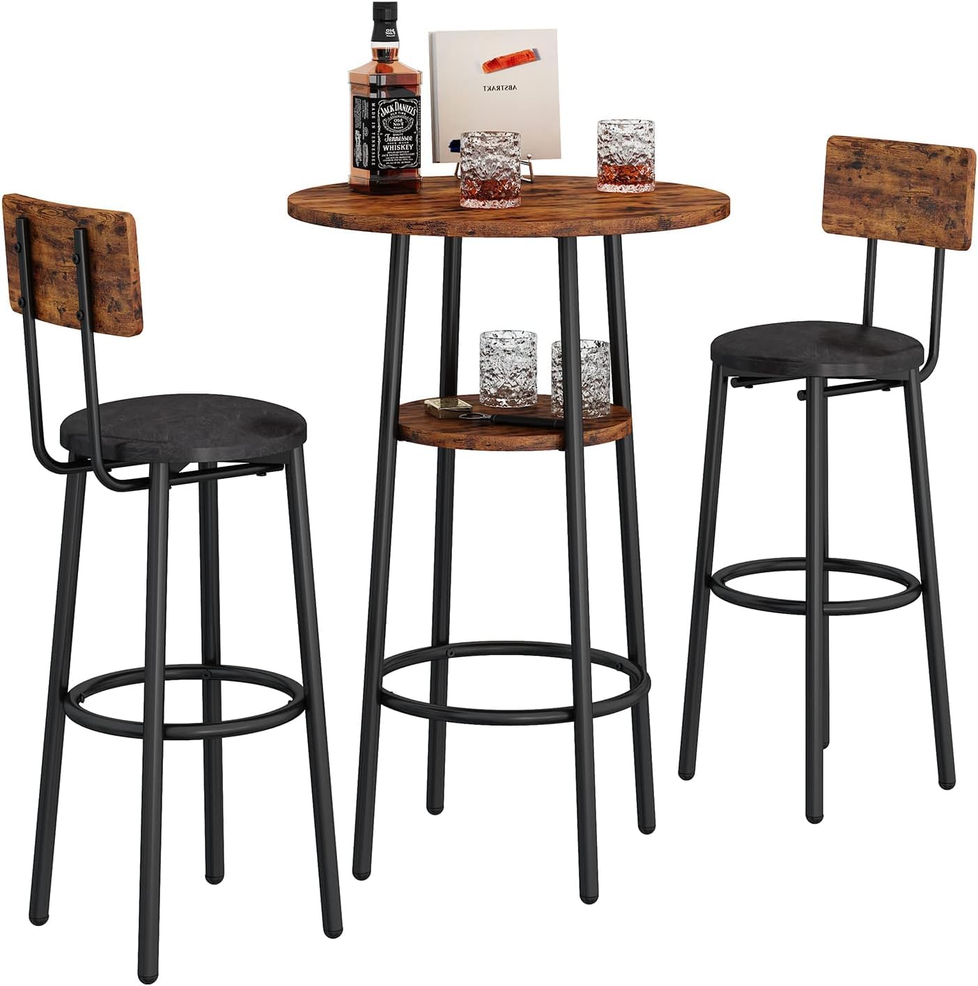 3-Piece Dining Table Set for 2, Small Round Kitchen Table with 2 Chairs, Counter Height Bar Table with Storage, Pub Table and PU Upholstery Stools for Small Space, Apartment, Bistro-Brown