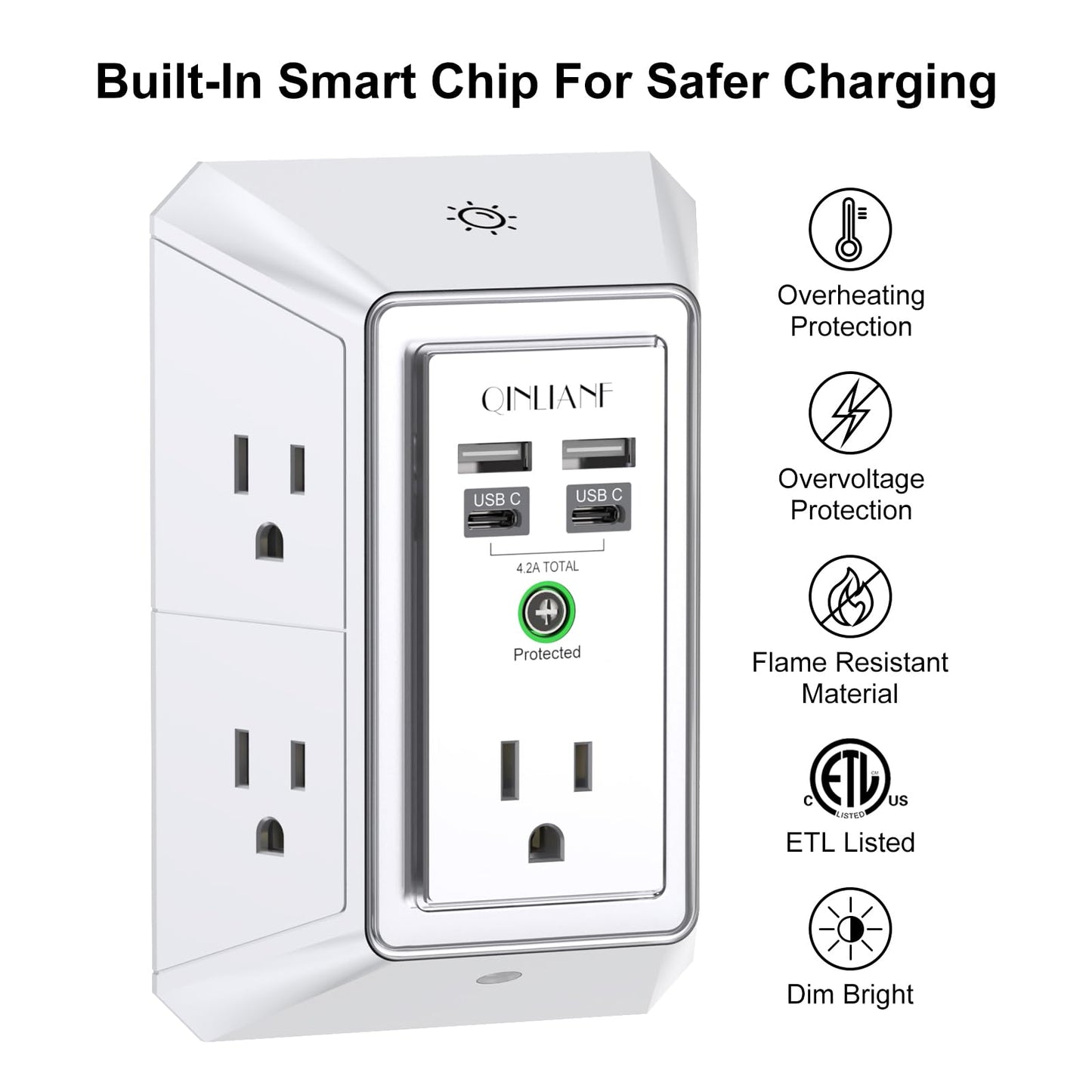 Wall Charger, Surge Protector, QINLIANF 5 Outlet Extender with 4 USB Charging Ports (4.8A Total) 3-Sided 1680J Power Strip Multi Plug Adapter Spaced for Home Travel Office (3U1C)