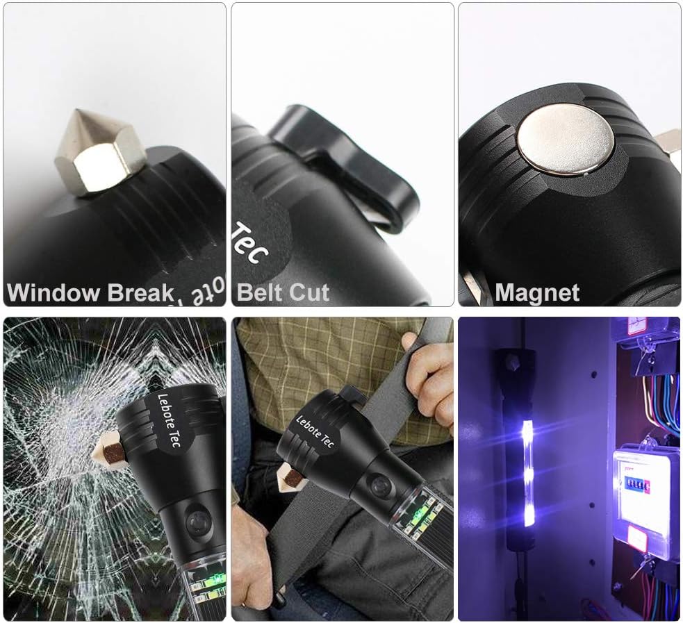 Lebote Car Flashlight Solar Power Tactical Flashlight Multi Function Flashlight Bright LED Emergency Torch Light With Safety Hammer Seat Belt Cutter Compass For Hiking Camping