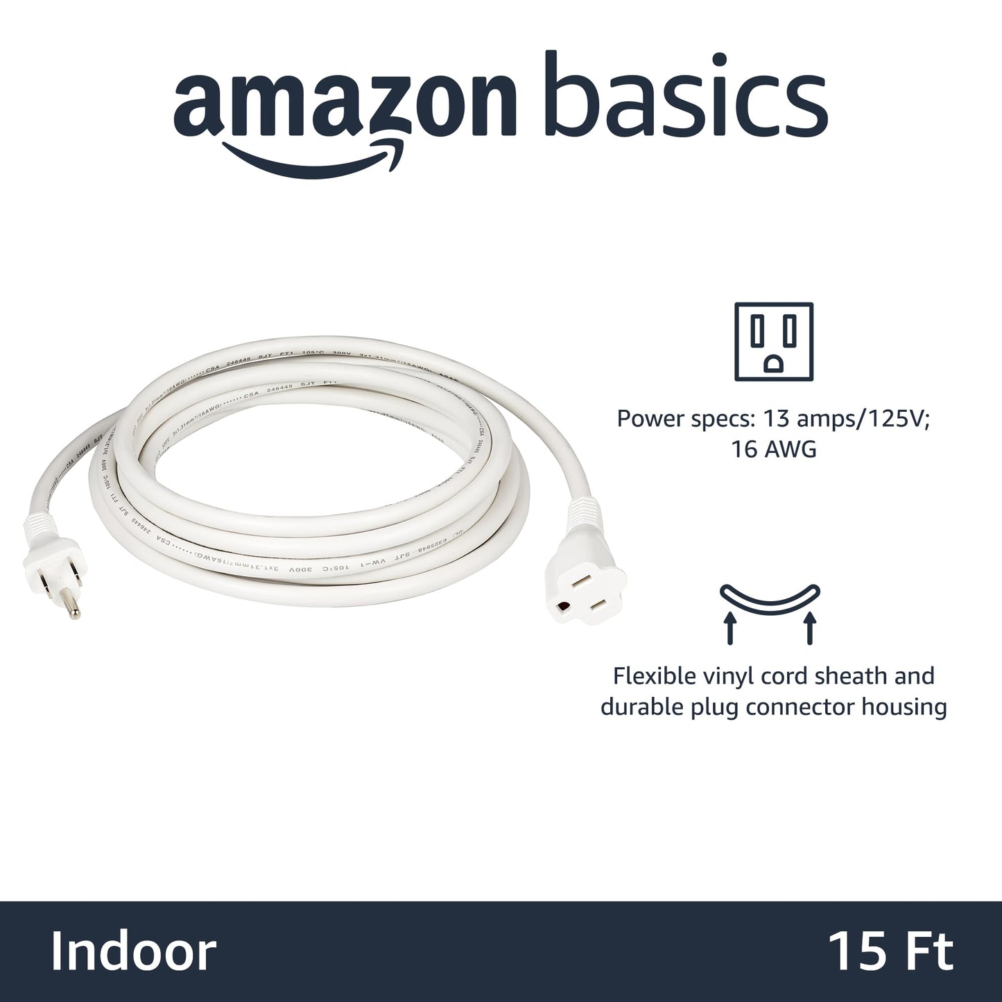 Extension Cord, 20 Ft, 3 Prong Outlet Extender, Indoor Extension Cord, 13 Amps, 125V, Black