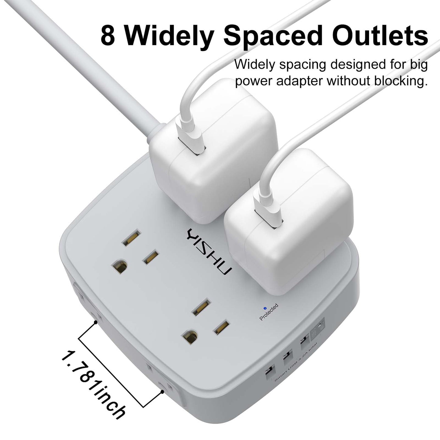 6 Ft Surge Protector Power Strip - 8 Widely Outlets with 4 USB Ports, 3 Side Outlet Extender with 6 Feet Extension Cord, Flat Plug, Wall Mount, Desk USB Charging Station, ETL,White