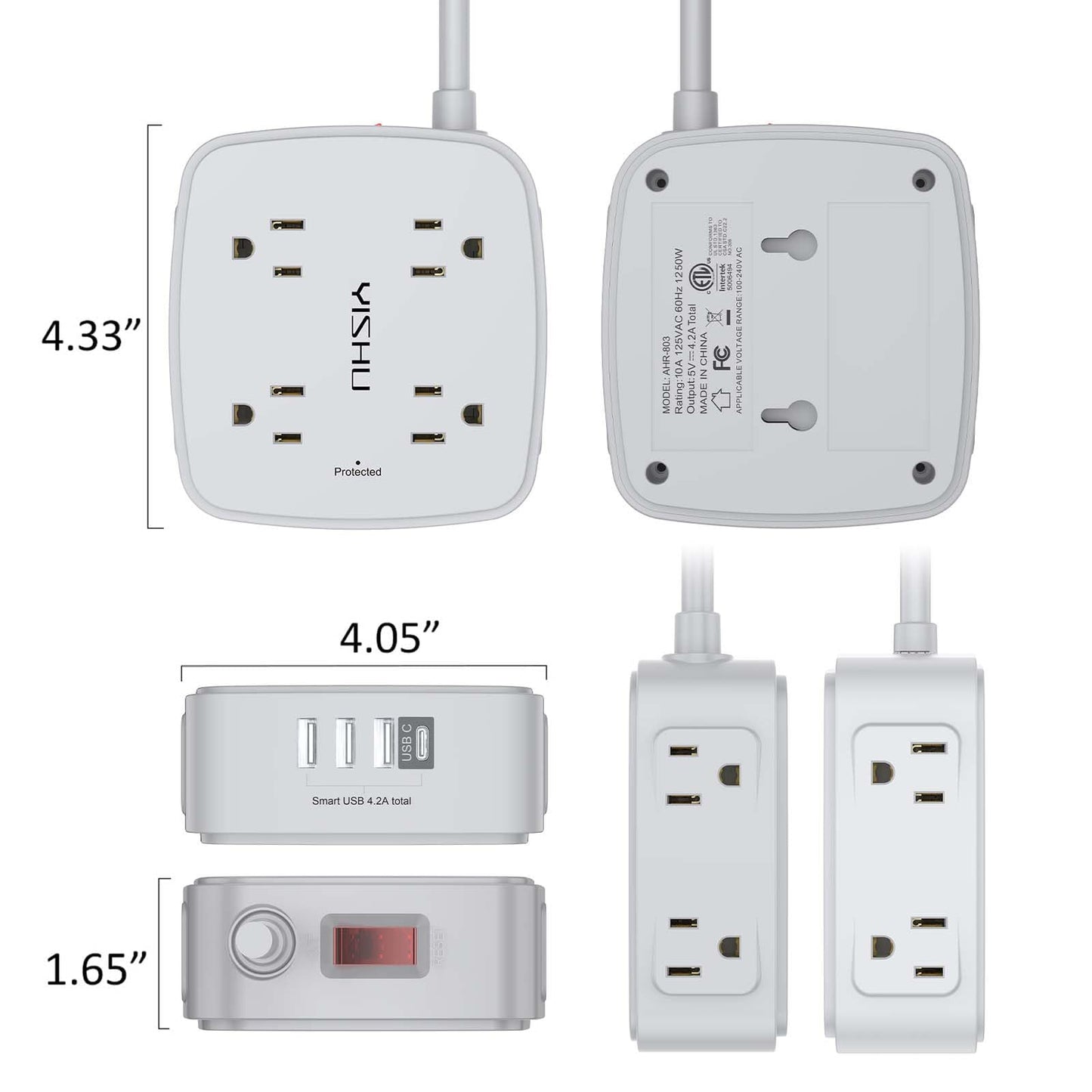 6 Ft Surge Protector Power Strip - 8 Widely Outlets with 4 USB Ports, 3 Side Outlet Extender with 6 Feet Extension Cord, Flat Plug, Wall Mount, Desk USB Charging Station, ETL,White