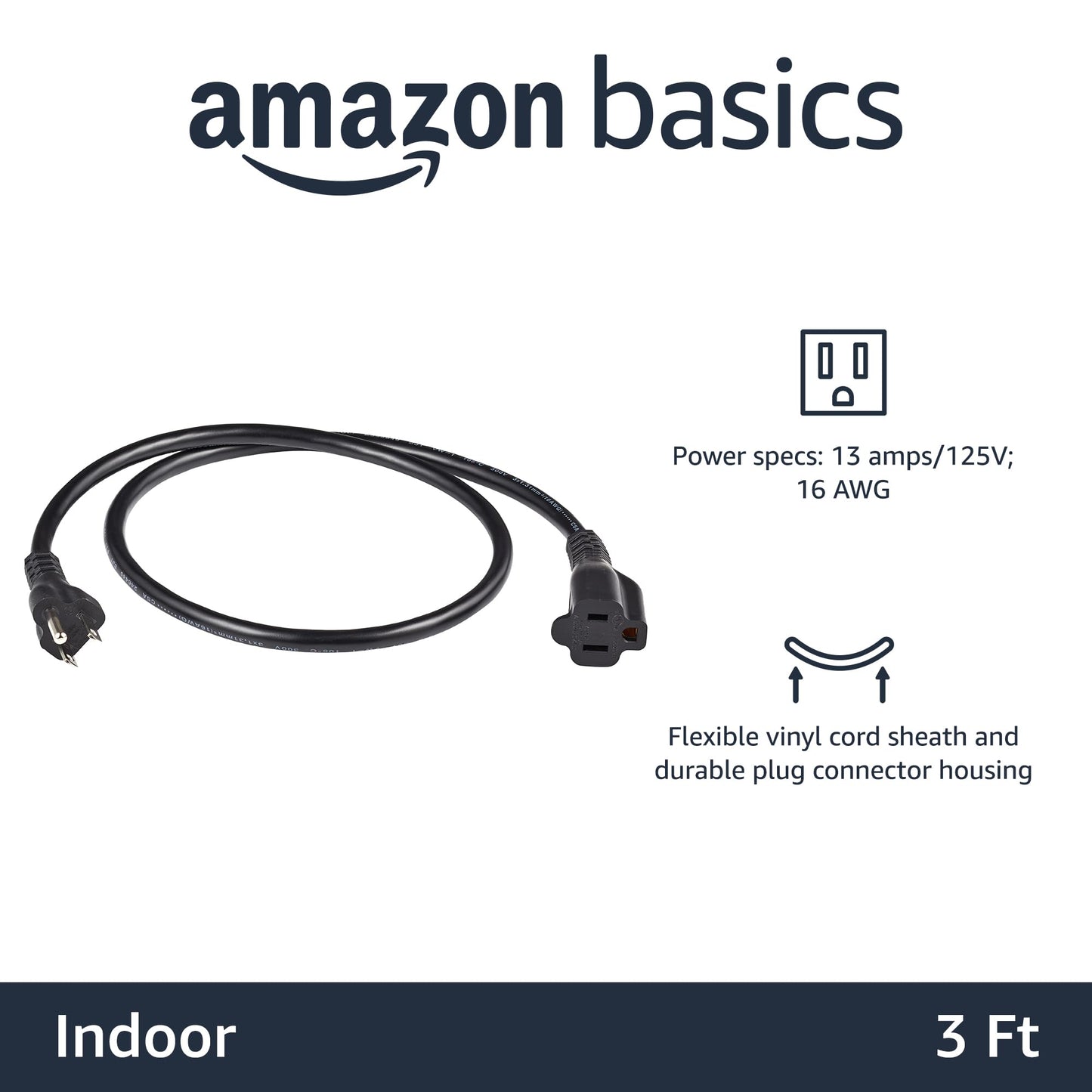 Extension Cord, 20 Ft, 3 Prong Outlet Extender, Indoor Extension Cord, 13 Amps, 125V, Black