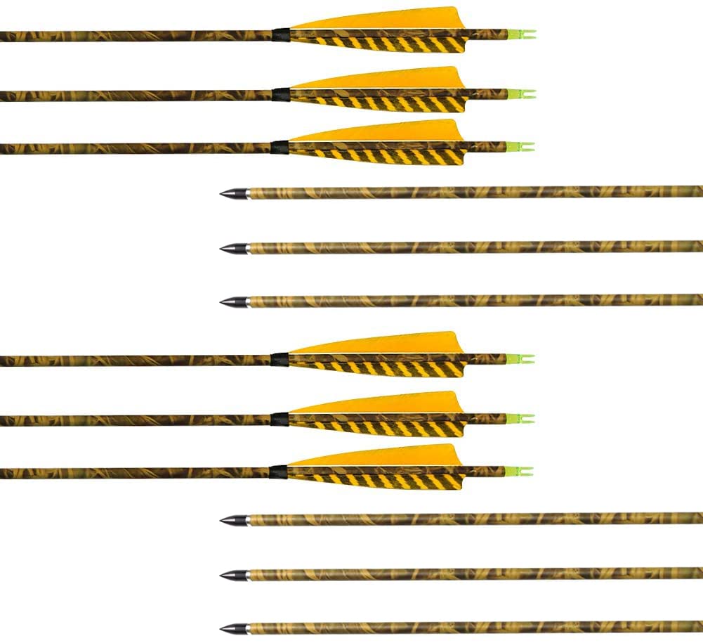 31Inch Carbon Arrow, Practice Hunting Arrows, Camo Turkey Feather Fletching, Arrows for Compound & Recurve Bow with Removable Tips Adjustable Nocks