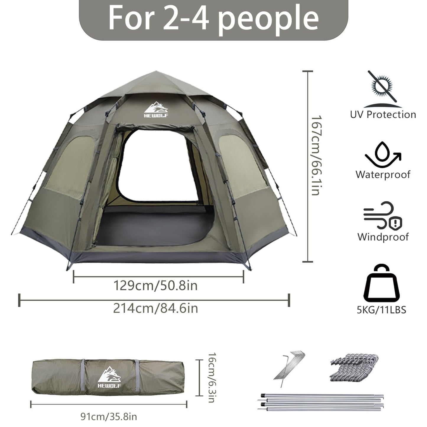 Hewolf 2/3/4 Person Camping Tent - Instant Pop Up Waterproof 2 Doors Tent with Easy Setup | 3-Season Hexagonal Dome Design for Family, Hiking & Traveling