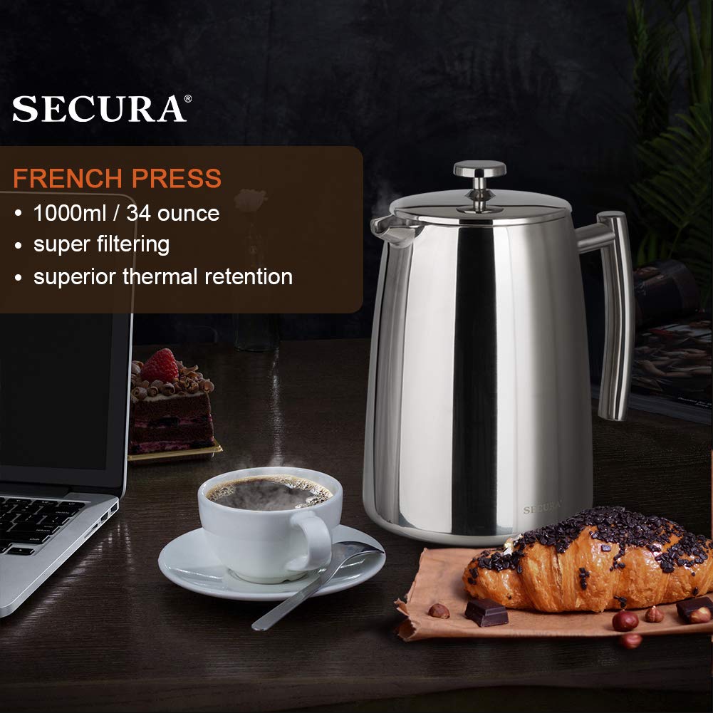 Secura French Press Coffee Maker, 50-Ounce, 304 Stainless Steel Insulated Coffee Press with Extra Screen