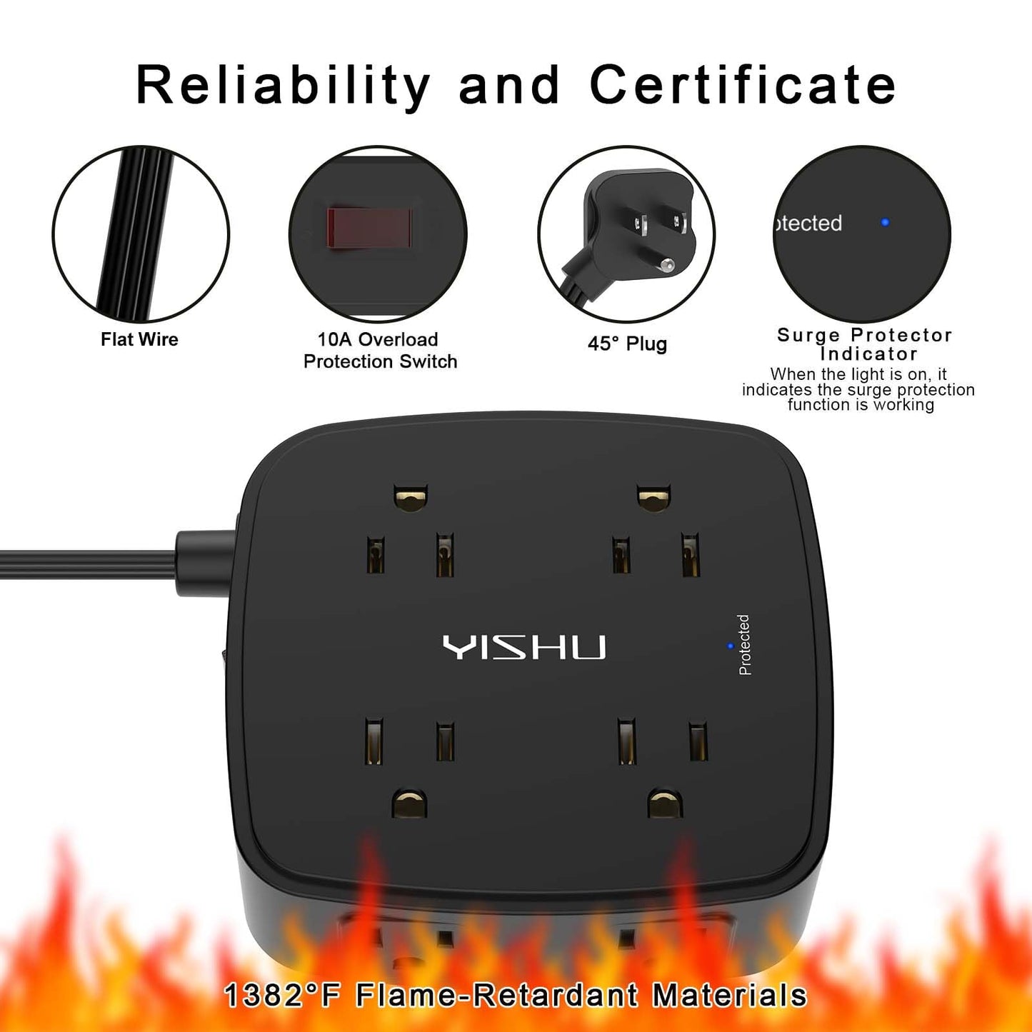 6 Ft Surge Protector Power Strip - 8 Widely Outlets with 4 USB Ports, 3 Side Outlet Extender with 6 Feet Extension Cord, Flat Plug, Wall Mount, Desk USB Charging Station, ETL,White