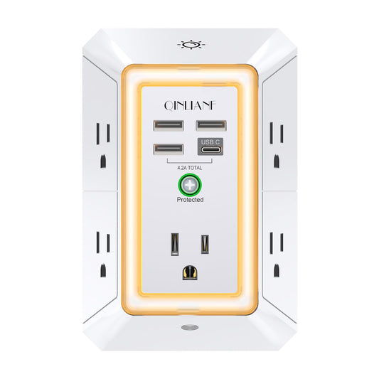 Wall Charger, Surge Protector, QINLIANF 5 Outlet Extender with 4 USB Charging Ports (4.8A Total) 3-Sided 1680J Power Strip Multi Plug Adapter Spaced for Home Travel Office (3U1C)