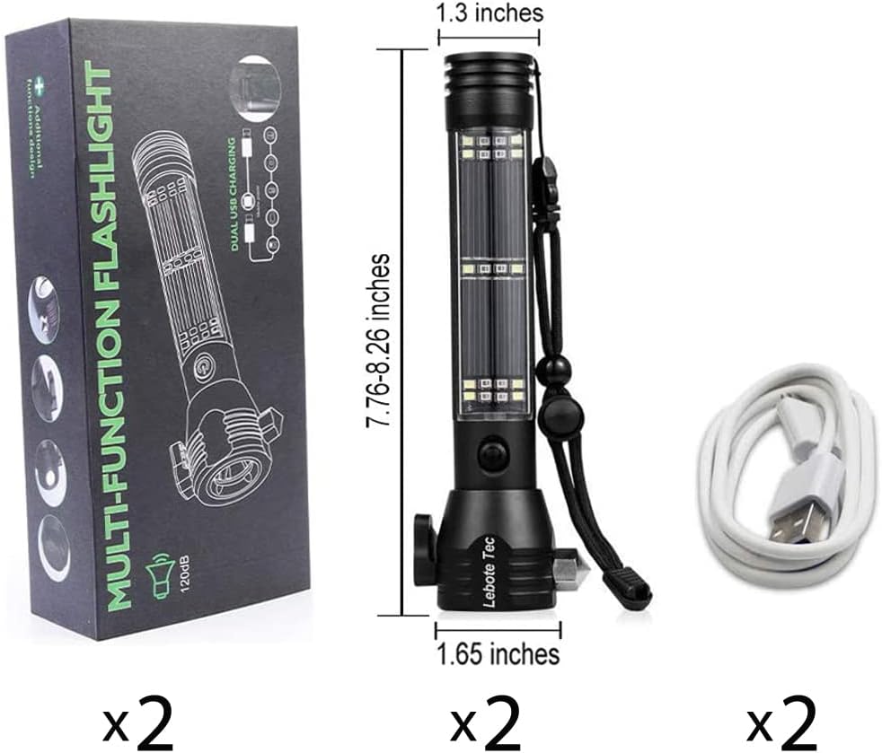 Lebote Car Flashlight Solar Power Tactical Flashlight Multi Function Flashlight Bright LED Emergency Torch Light With Safety Hammer Seat Belt Cutter Compass For Hiking Camping