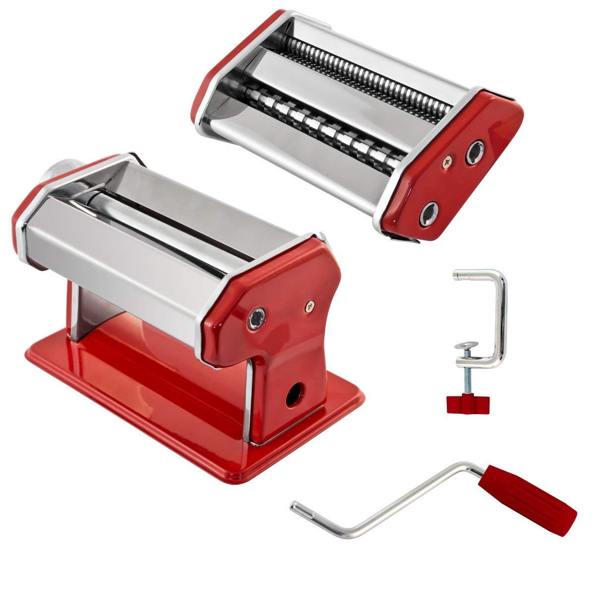 GOURMEX Stainless Steel Manual Pasta Maker Machine | With Adjustable Thickness Settings | Perfect for Professional Homemade Spaghetti and Fettuccini | Includes Removable Handle and Clamp (Red)