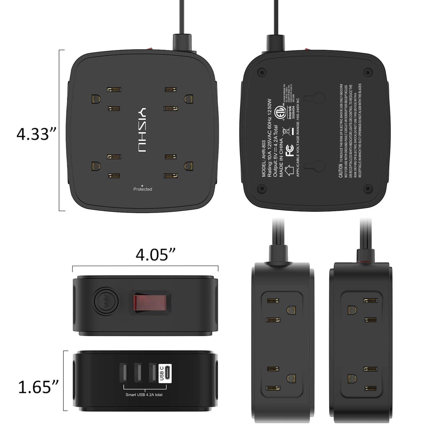 6 Ft Surge Protector Power Strip - 8 Widely Outlets with 4 USB Ports, 3 Side Outlet Extender with 6 Feet Extension Cord, Flat Plug, Wall Mount, Desk USB Charging Station, ETL,White