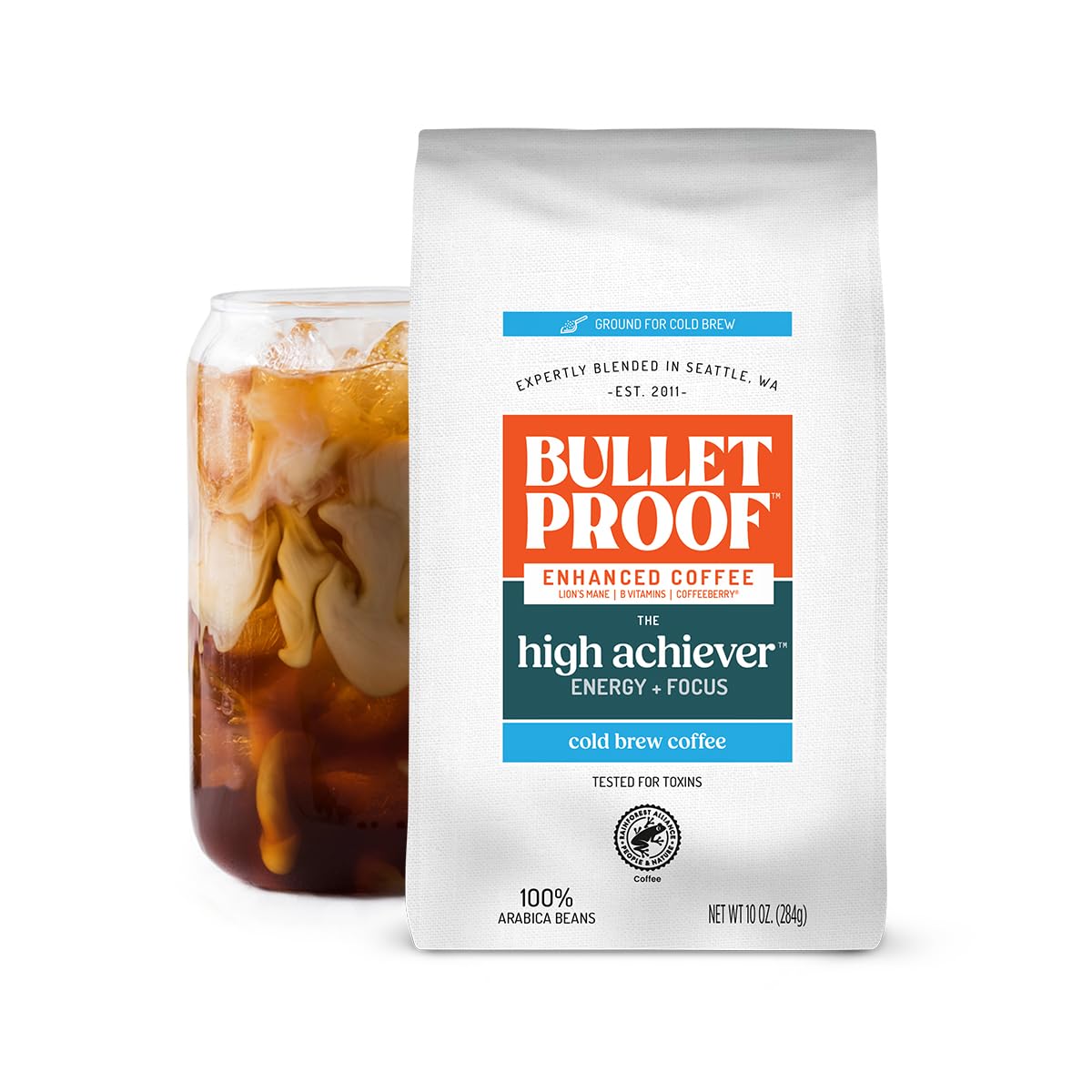 Bulletproof The High Achiever Ground Coffee, 10 Ounces, Medium-Dark Roast Enhanced Coffee with Lion's Mane Mushroom, B Vitamins, and Adaptogens for Energy and Focus