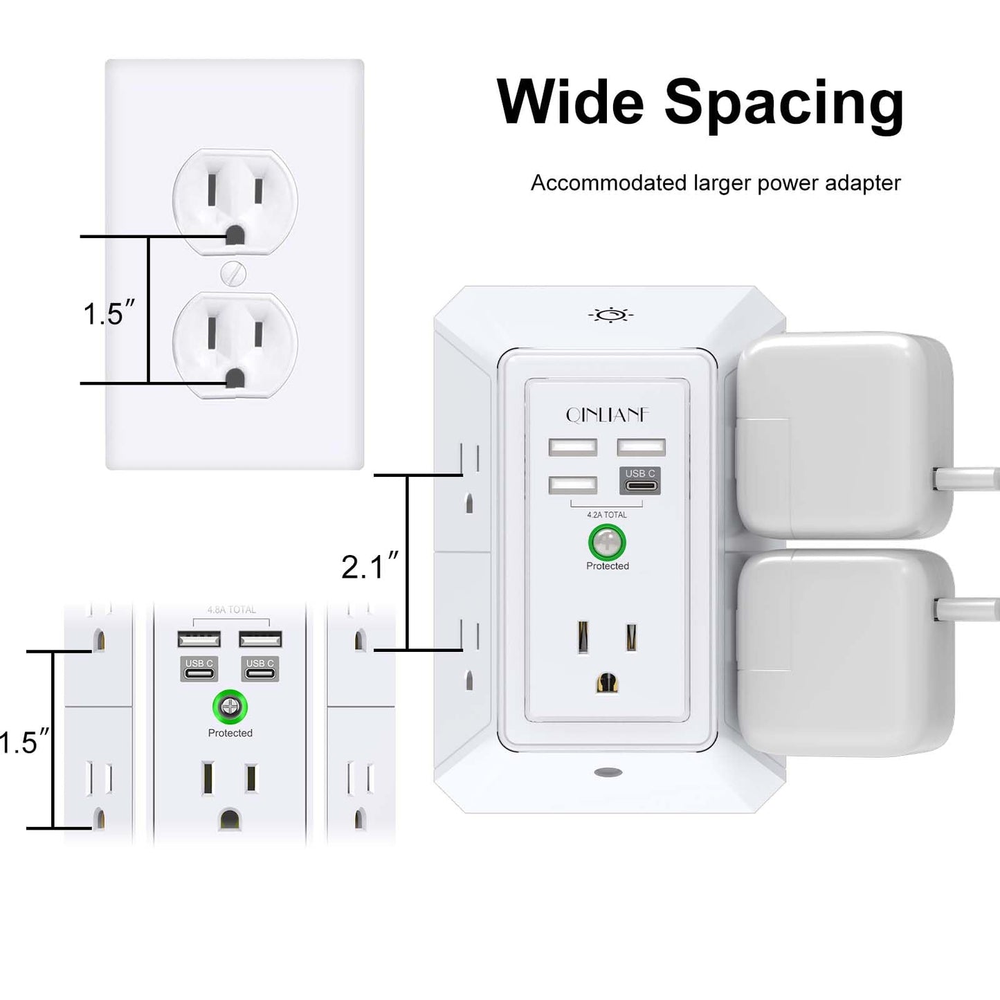 Wall Charger, Surge Protector, QINLIANF 5 Outlet Extender with 4 USB Charging Ports (4.8A Total) 3-Sided 1680J Power Strip Multi Plug Adapter Spaced for Home Travel Office (3U1C)