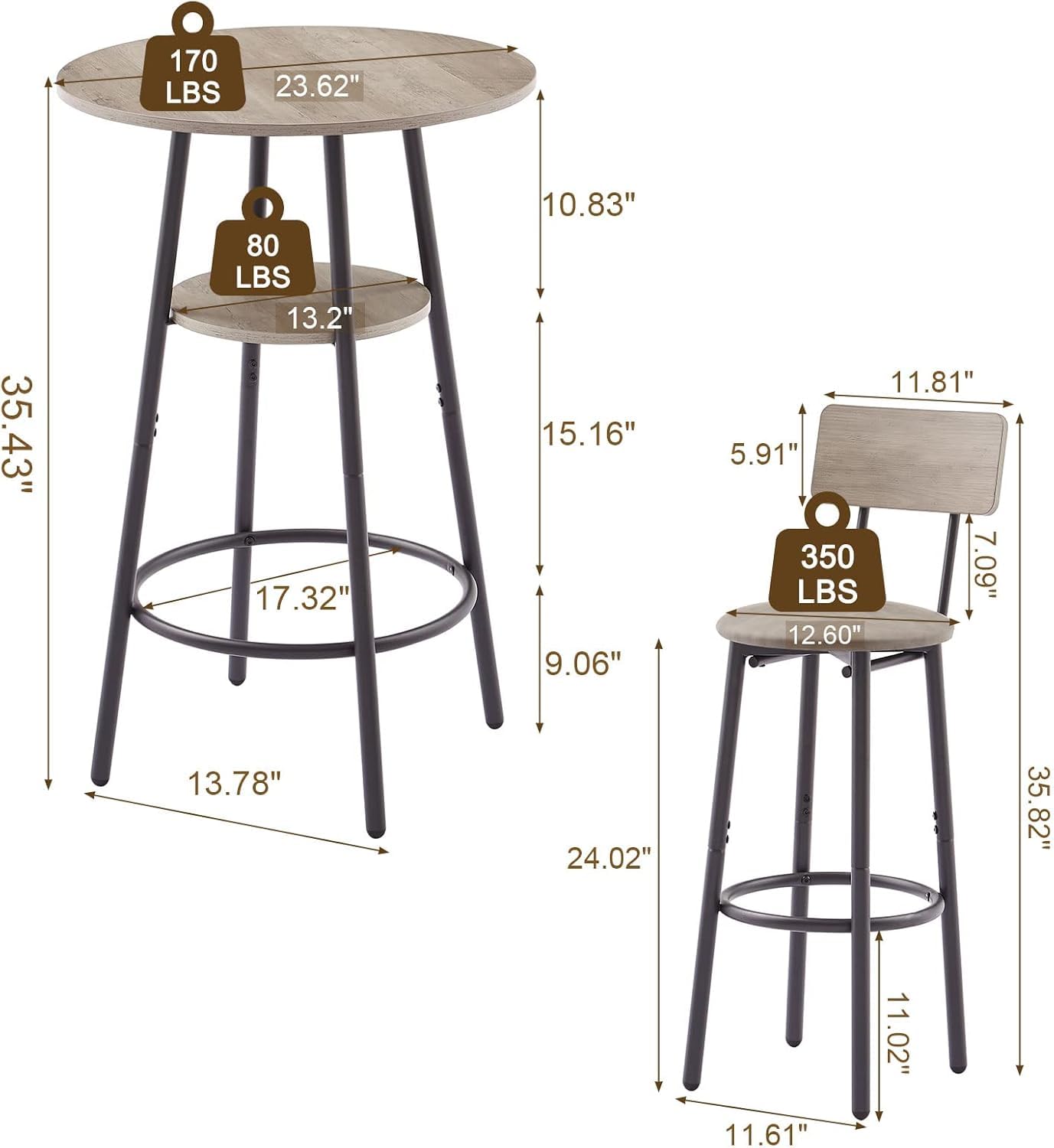 3-Piece Dining Table Set for 2, Small Round Kitchen Table with 2 Chairs, Counter Height Bar Table with Storage, Pub Table and PU Upholstery Stools for Small Space, Apartment, Bistro-Brown